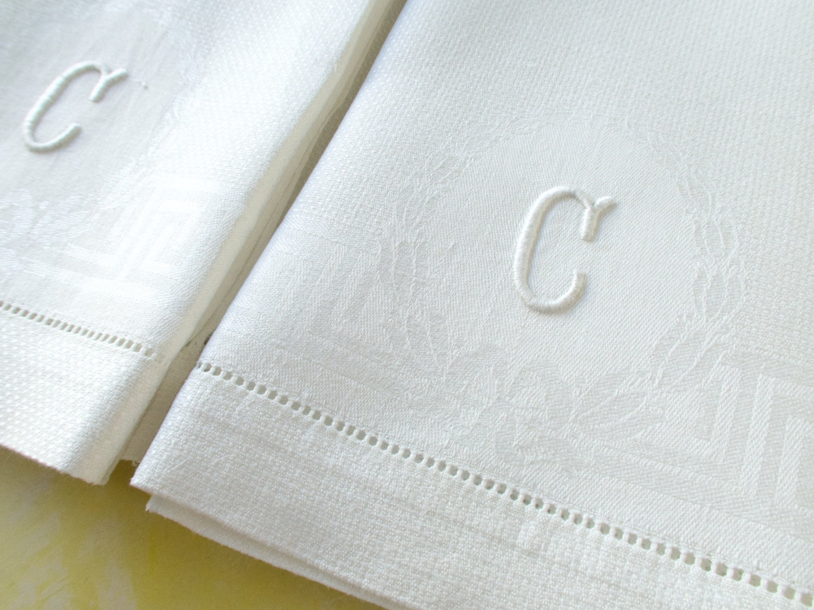 "C" Monogram Huck Damask Linen Towels, Set of 2