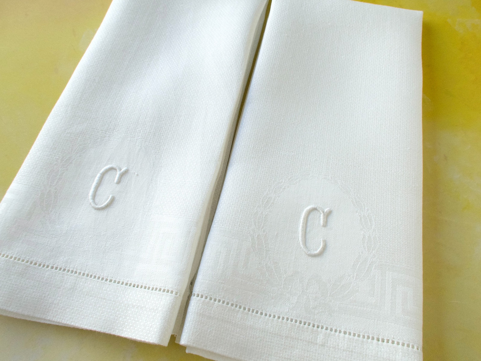 "C" Monogram Huck Damask Linen Towels, Set of 2