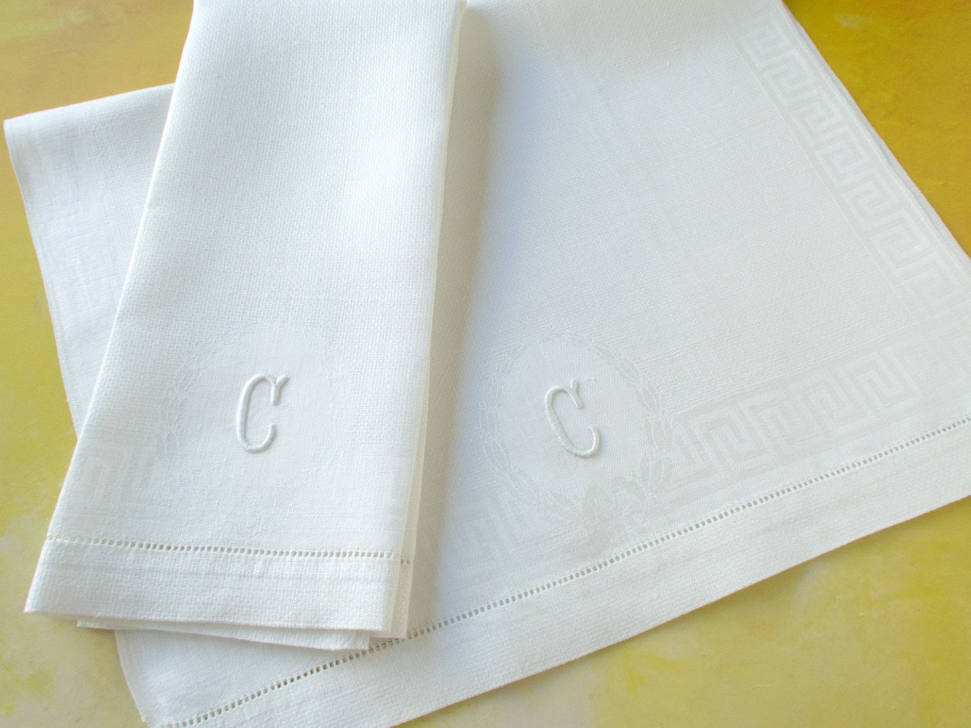 "C" Monogram Huck Damask Linen Towels, Set of 2