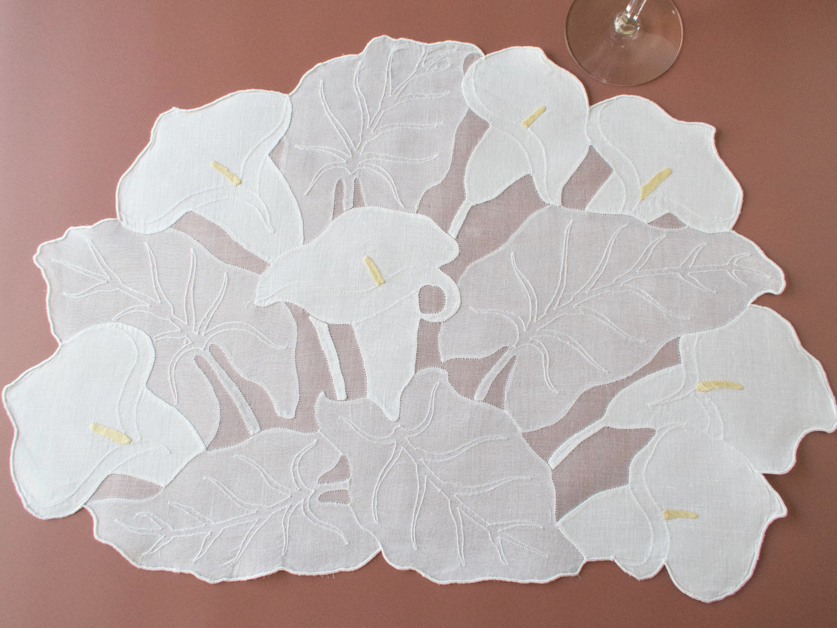 Vintage Madeira calla lily placemat, linen appliqué on sheer organdy, full floral design edge to edge