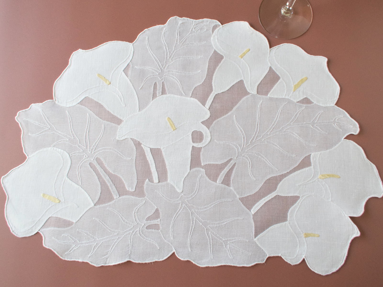 Vintage Madeira calla lily placemat, linen appliqué on sheer organdy, full floral design edge to edge