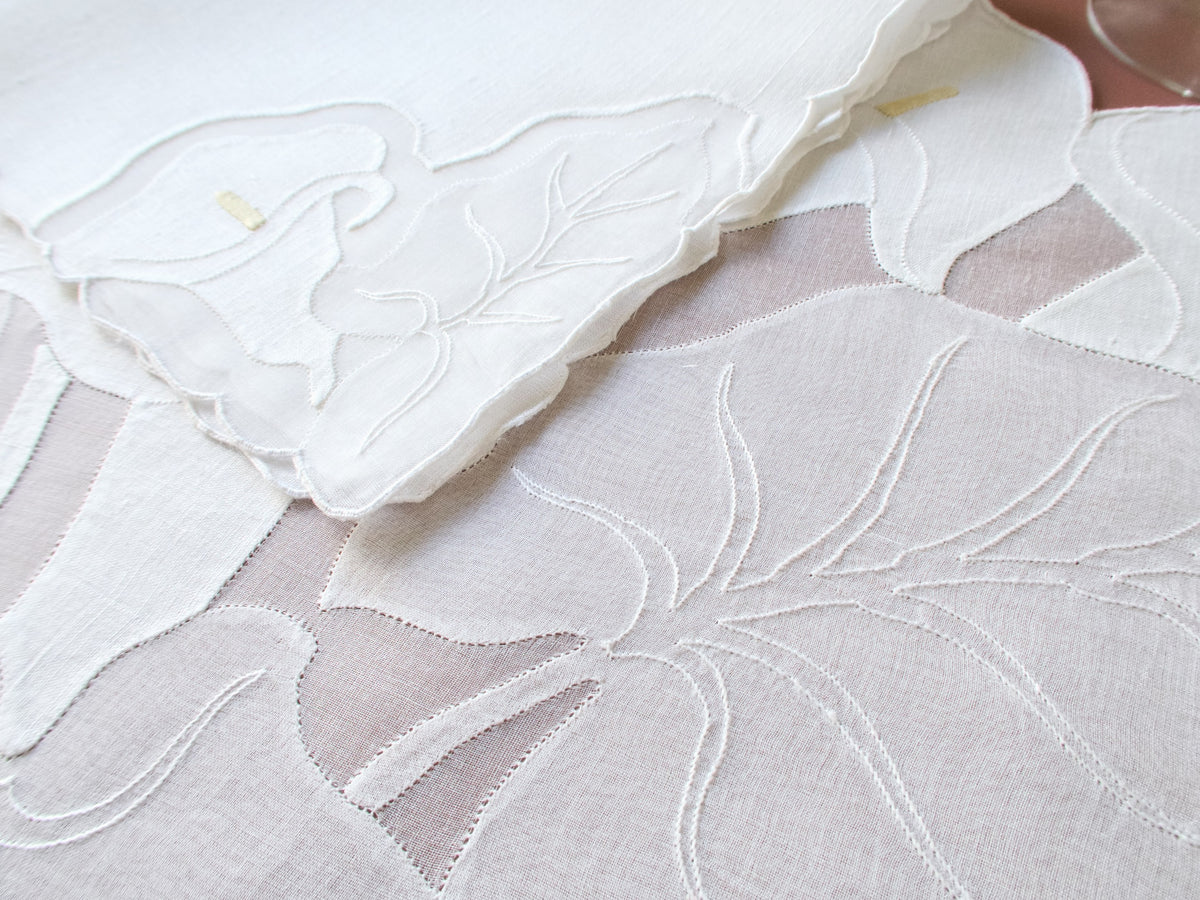 Detail of Madeira calla lily appliqué workmanship, linen on sheer organdy, scalloped edge