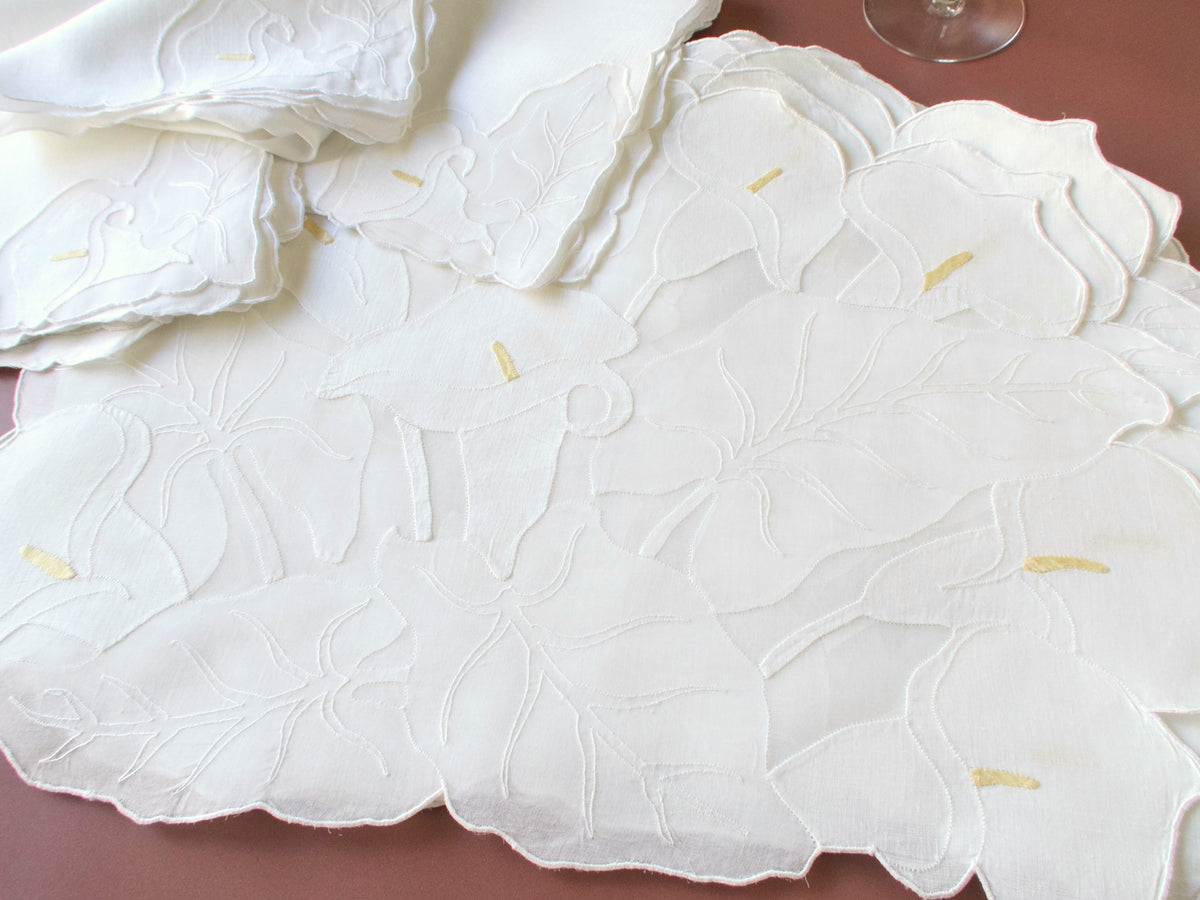 Vintage Madeira calla lily placemat set for 8, white linen appliqué on organdy, stacked