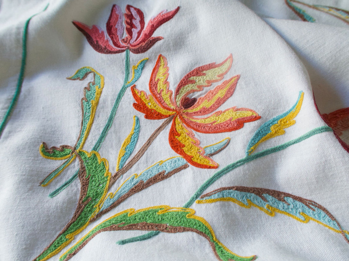Vibrant Flowers Vintage Linen Embroidered Tablecloth 60x84&quot;