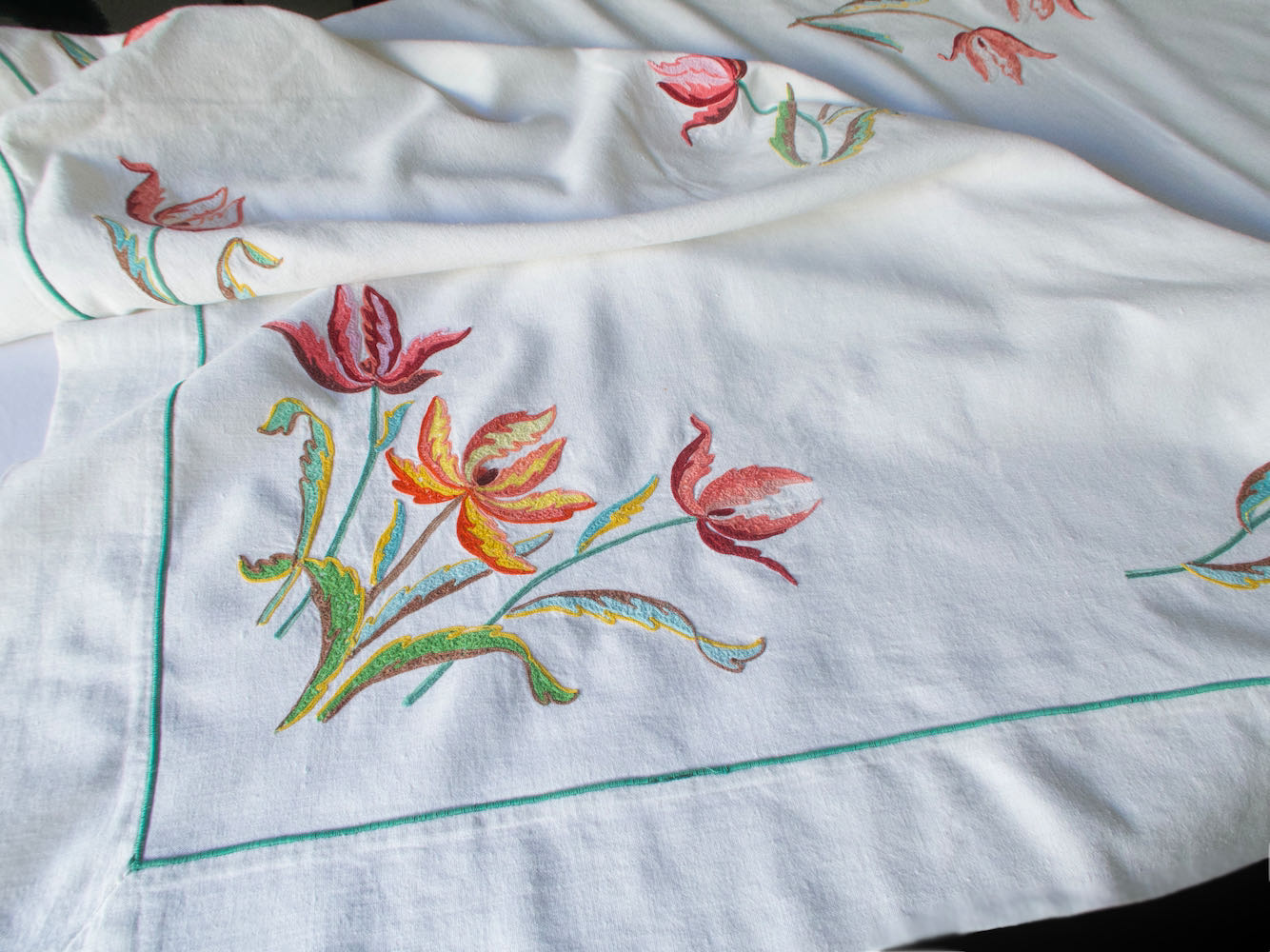 Vibrant Flowers Vintage Linen Embroidered Tablecloth 60x84"