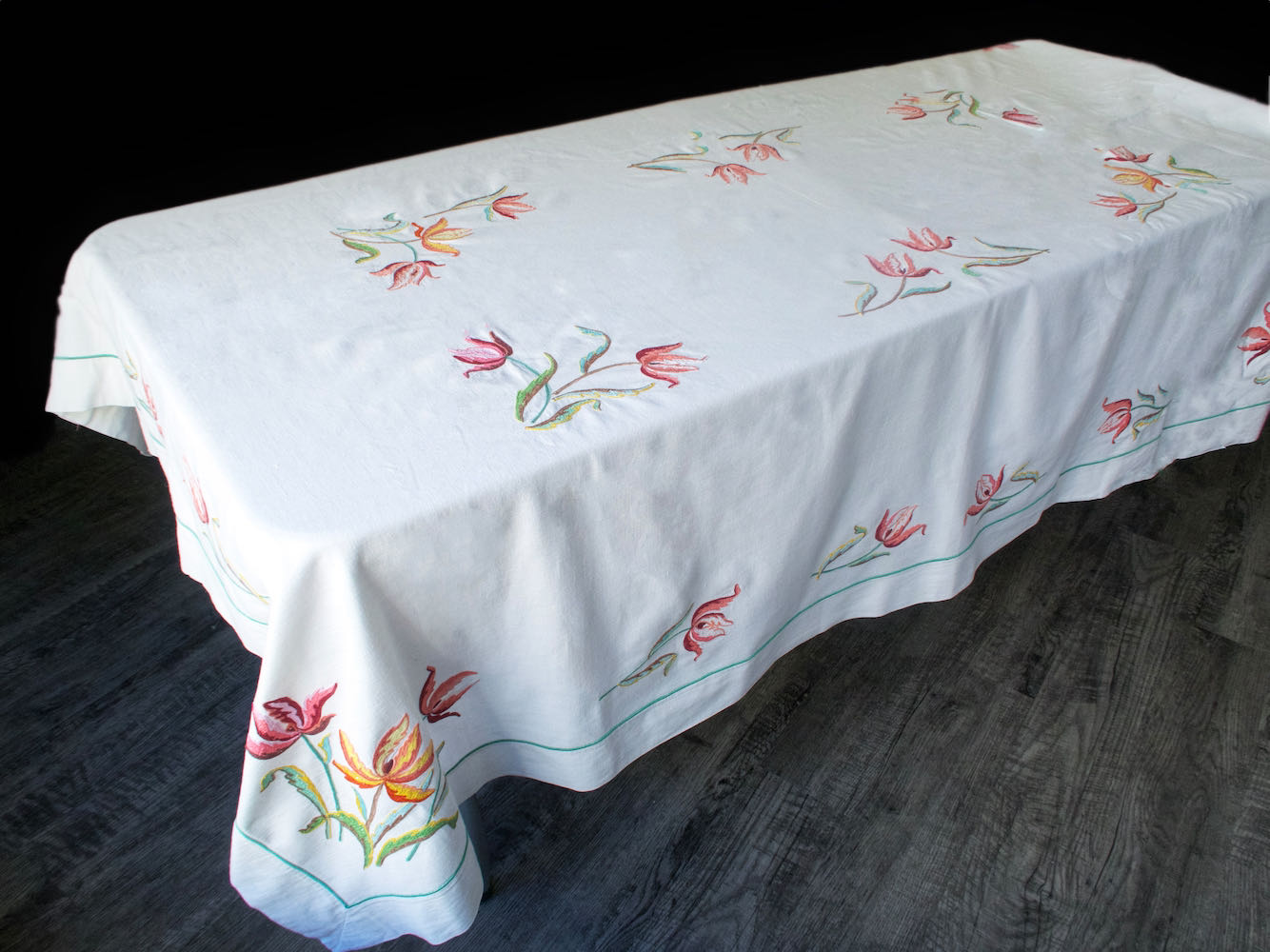 Vibrant Flowers Vintage Linen Embroidered Tablecloth 60x84"
