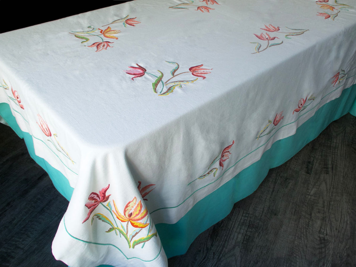 Vibrant Flowers Vintage Linen Embroidered Tablecloth 60x84&quot;