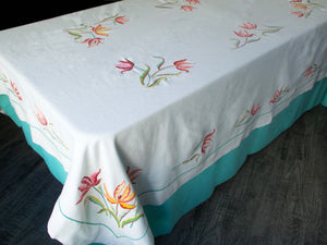 Vibrant Flowers Vintage Linen Embroidered Tablecloth 60x84"