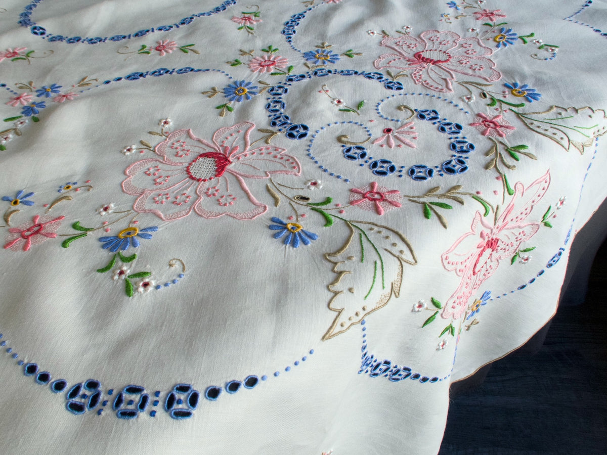 Colorful Vintage Madeira Embroidered Tablecloth 50x50&quot;