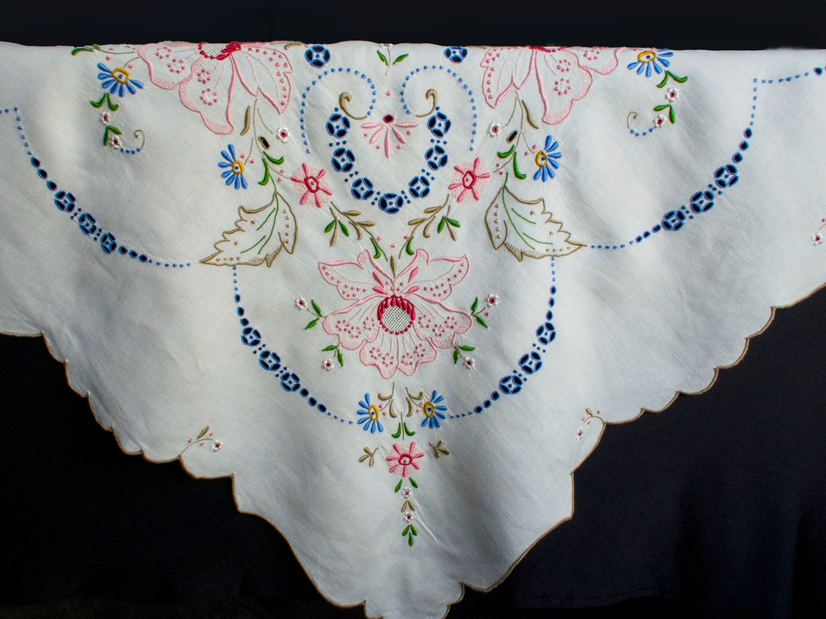 Colorful Vintage Madeira Embroidered Tablecloth 50x50&quot;