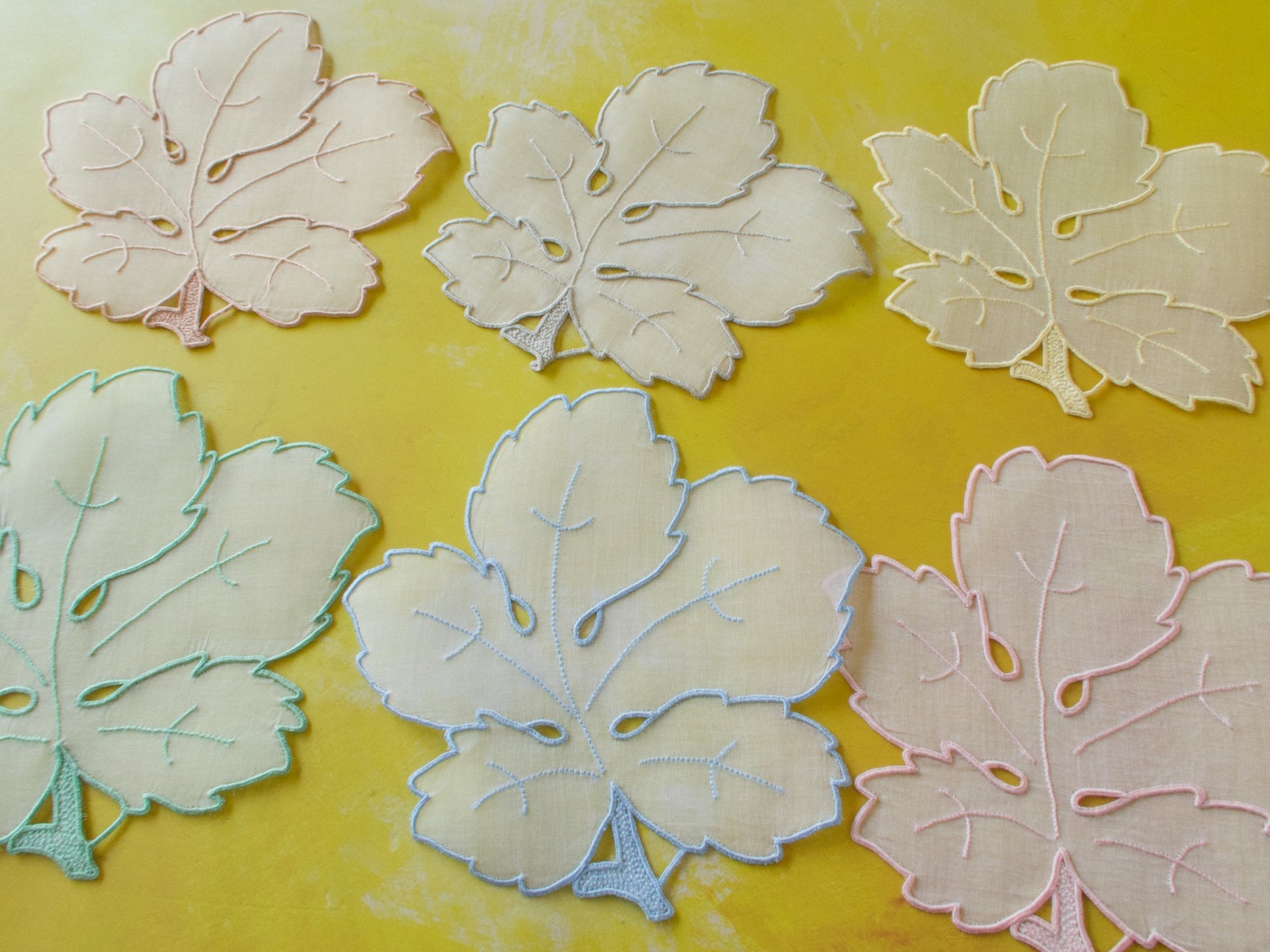Colorful Organdy Leaves Vintage Madeira Cocktail Napkins, Set of 6