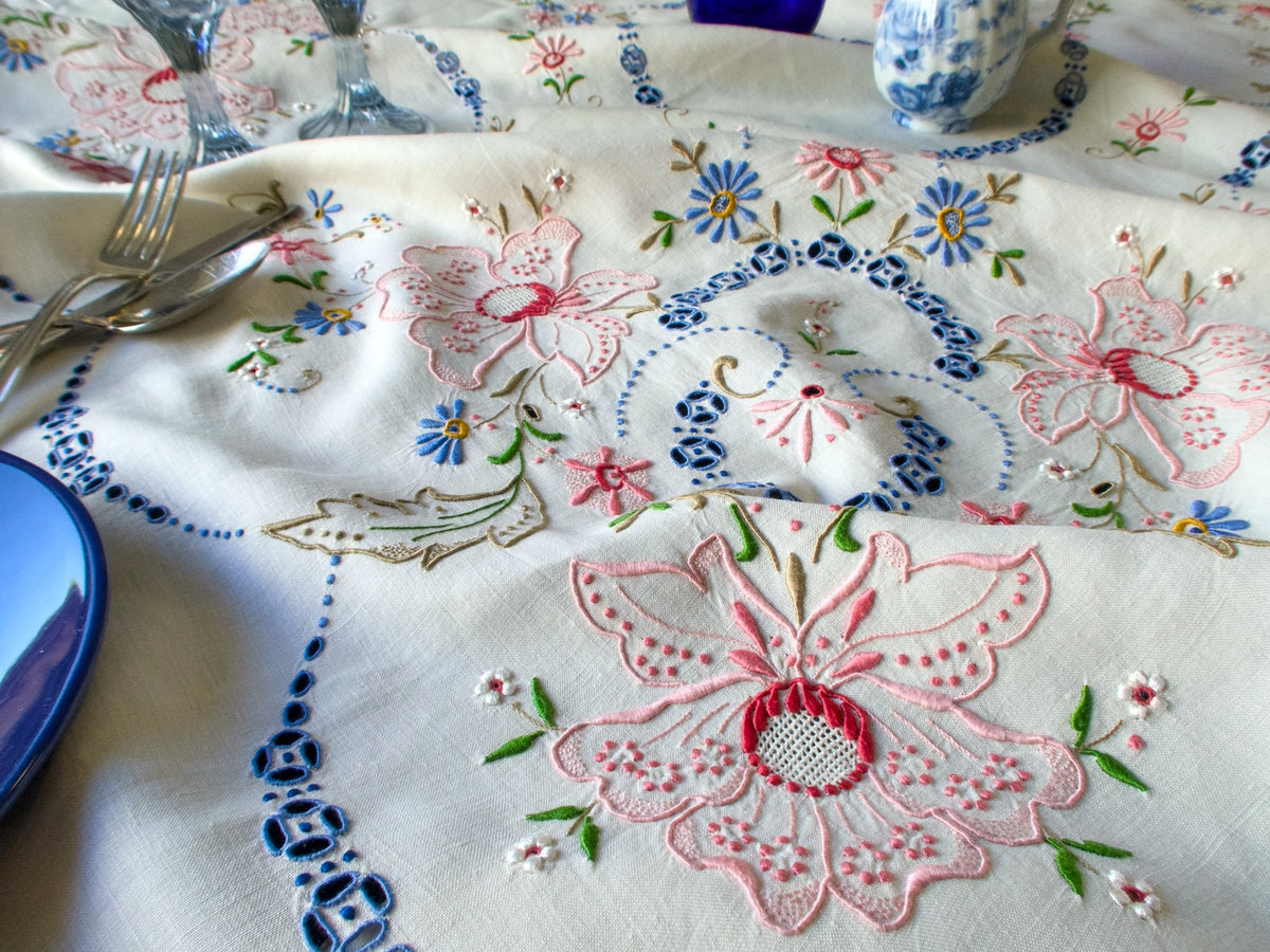 Colorful Vintage Madeira Embroidered Tablecloth 50x50&quot;