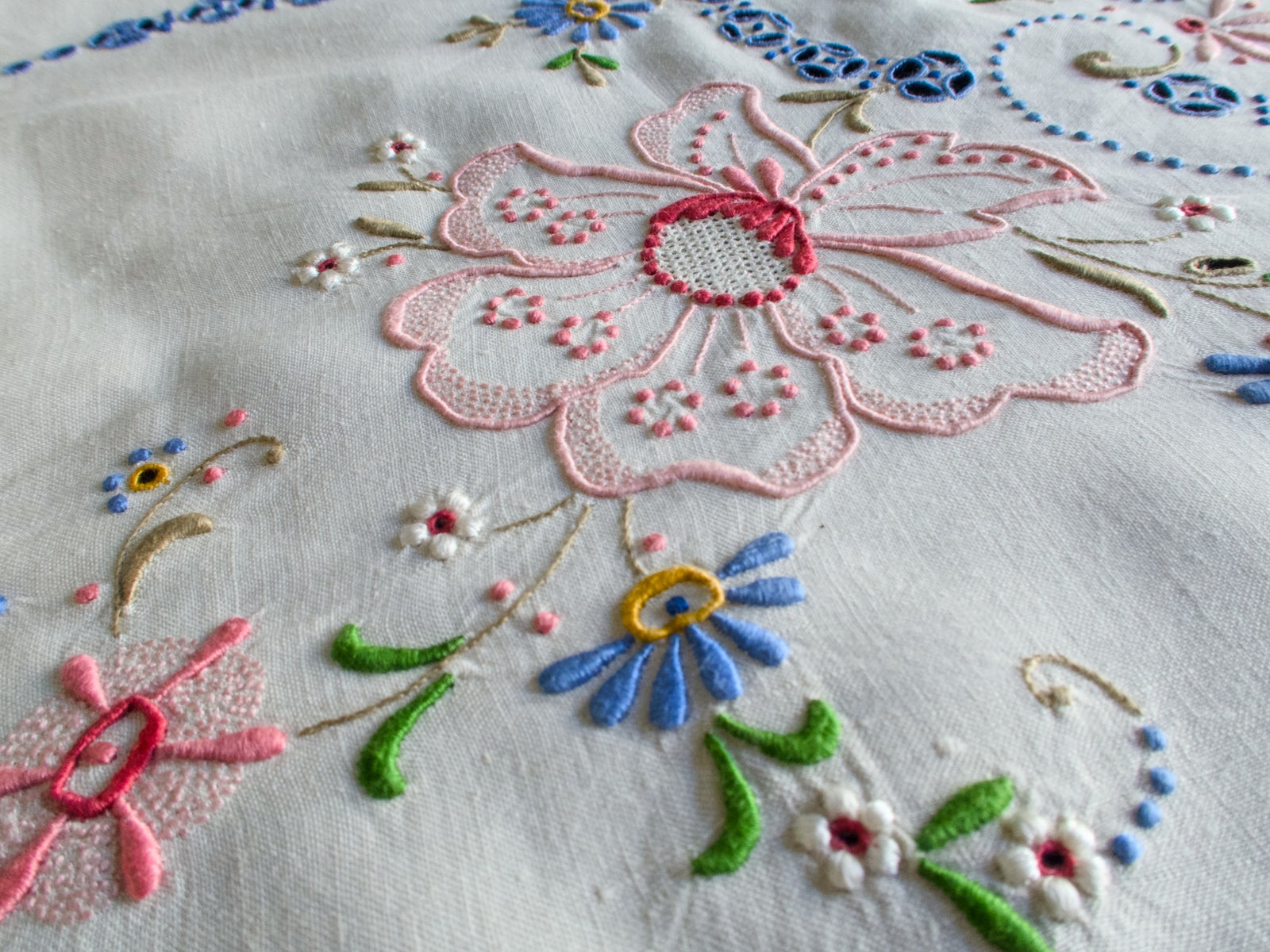 Colorful Vintage Madeira Embroidered Tablecloth 50x50"
