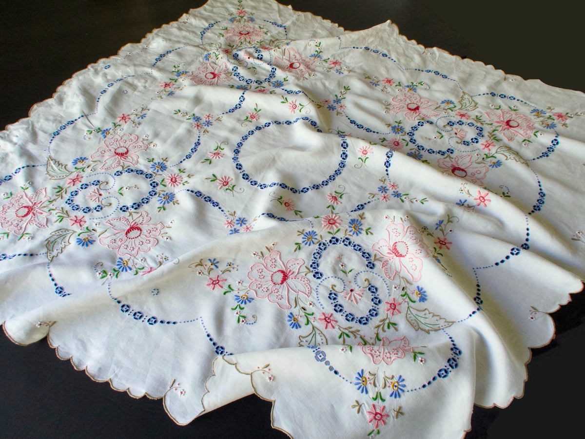 Colorful Vintage Madeira Embroidered Tablecloth 50x50&quot;