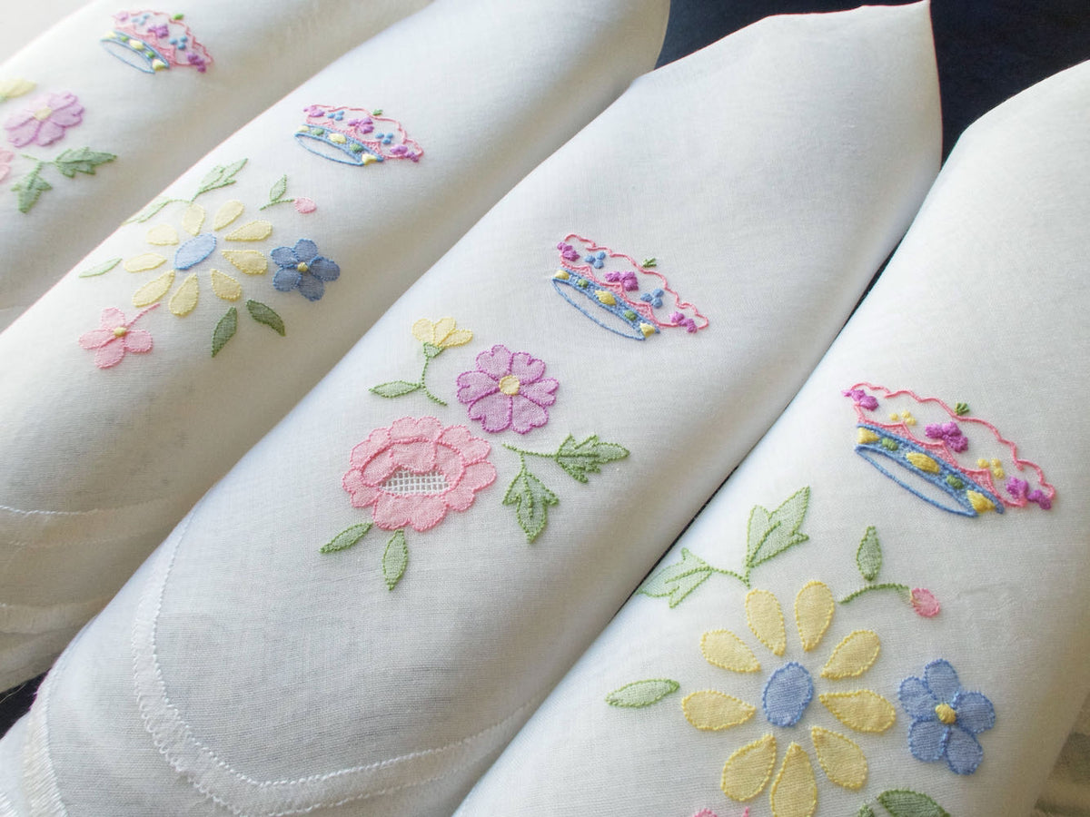 Colorful Coronets &amp; Flowers Vintage Italian Organdy Napkins, Set of 12