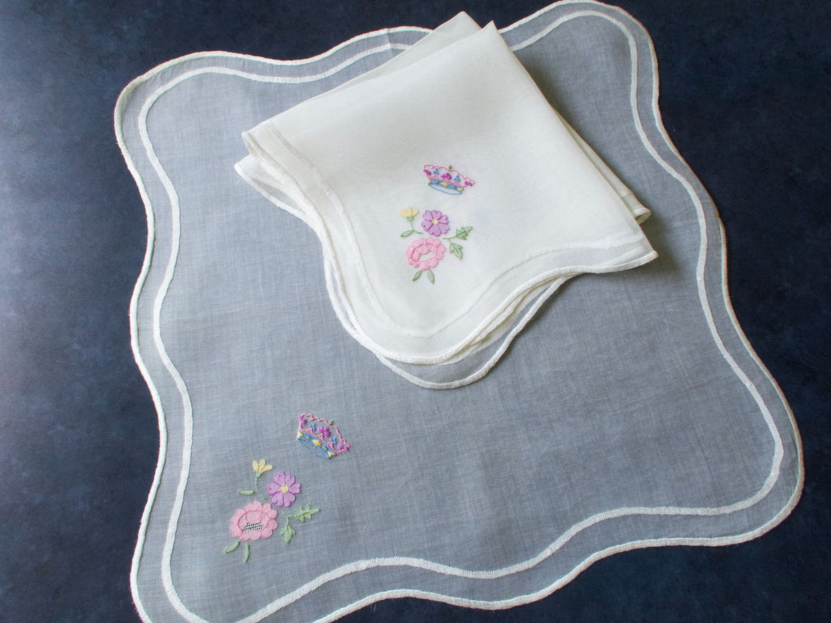 Colorful Coronets &amp; Flowers Vintage Italian Organdy Napkins, Set of 12