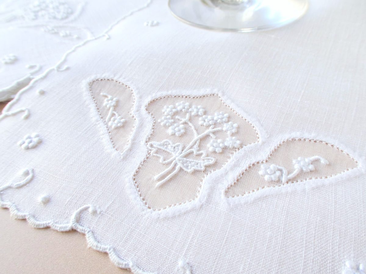 Dainty Whitework Vintage Madeira Linen Cocktail Napkins, Set of 8