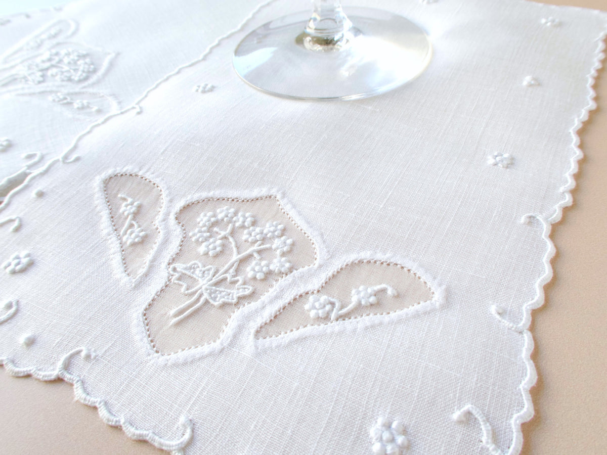Dainty Whitework Vintage Madeira Linen Cocktail Napkins, Set of 8