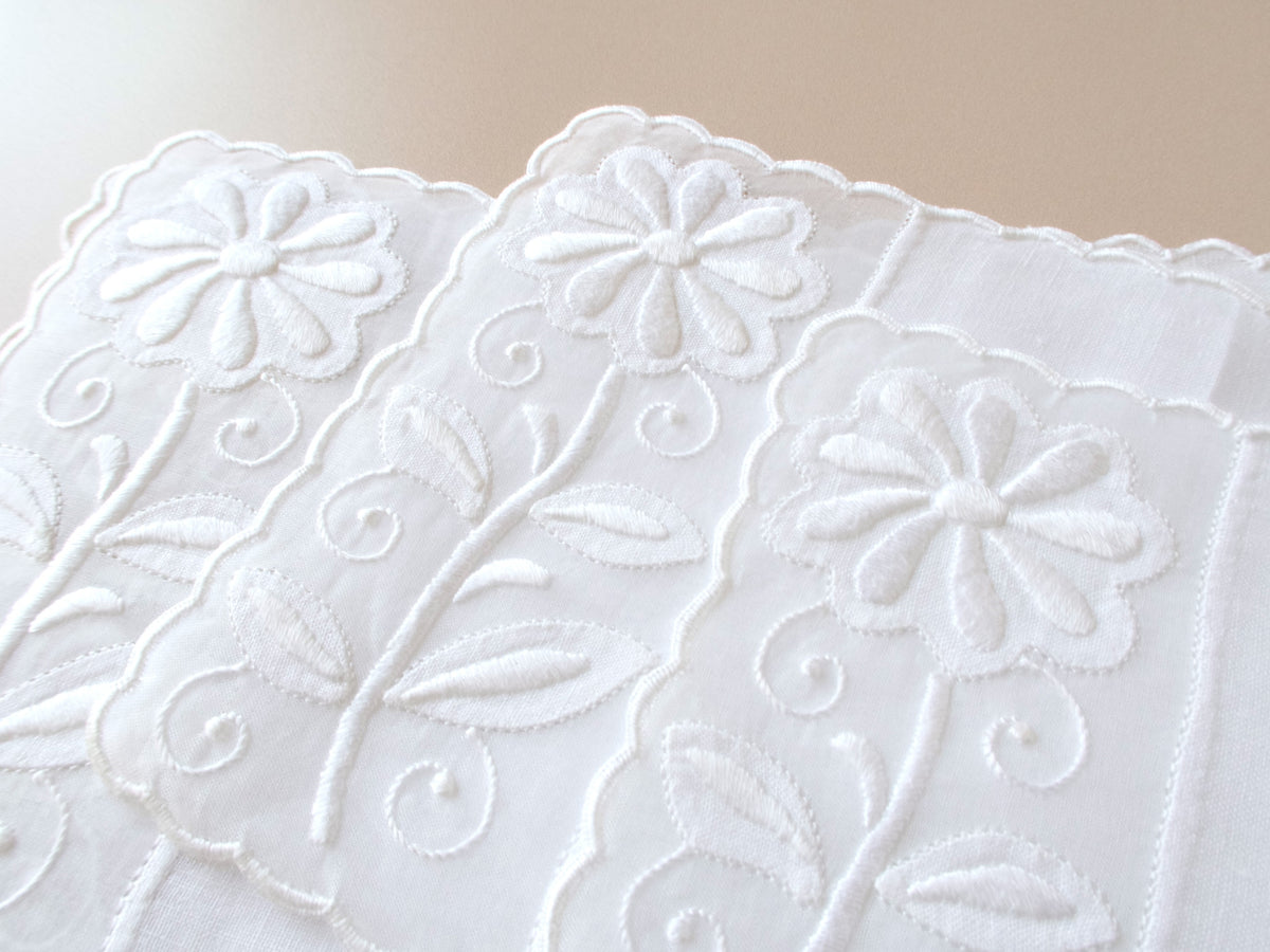 Close detail of vintage Madeira white appliqué cocktail napkins showing heavily padded daisy embroidery with stems, leaves and scalloped edge.​​​​​​​​​​​​​​​​