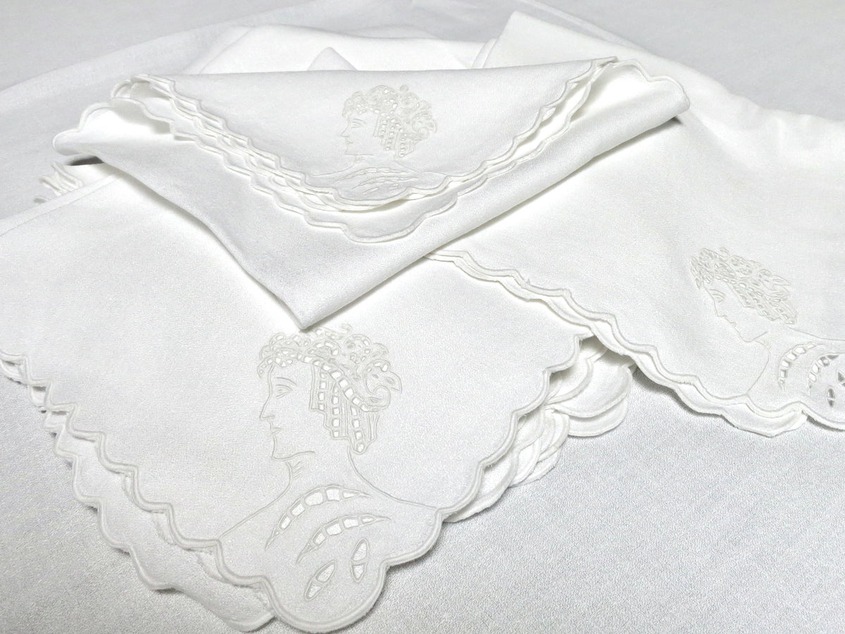 Art Deco Vintage Linen Square Tablecloth 68", 12 Napkins