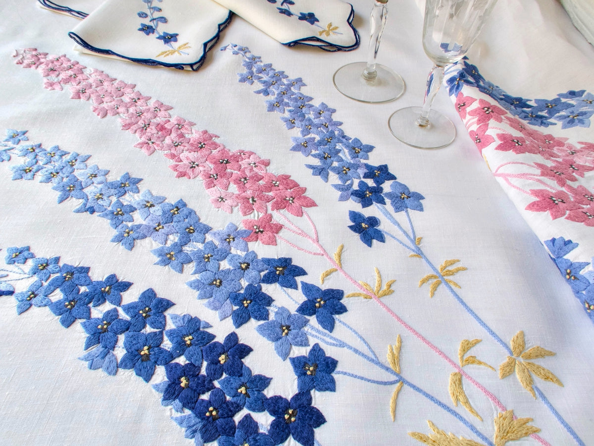 Vintage vintage French hand embroidered banquet tablecloth with blue and pink delphiniums