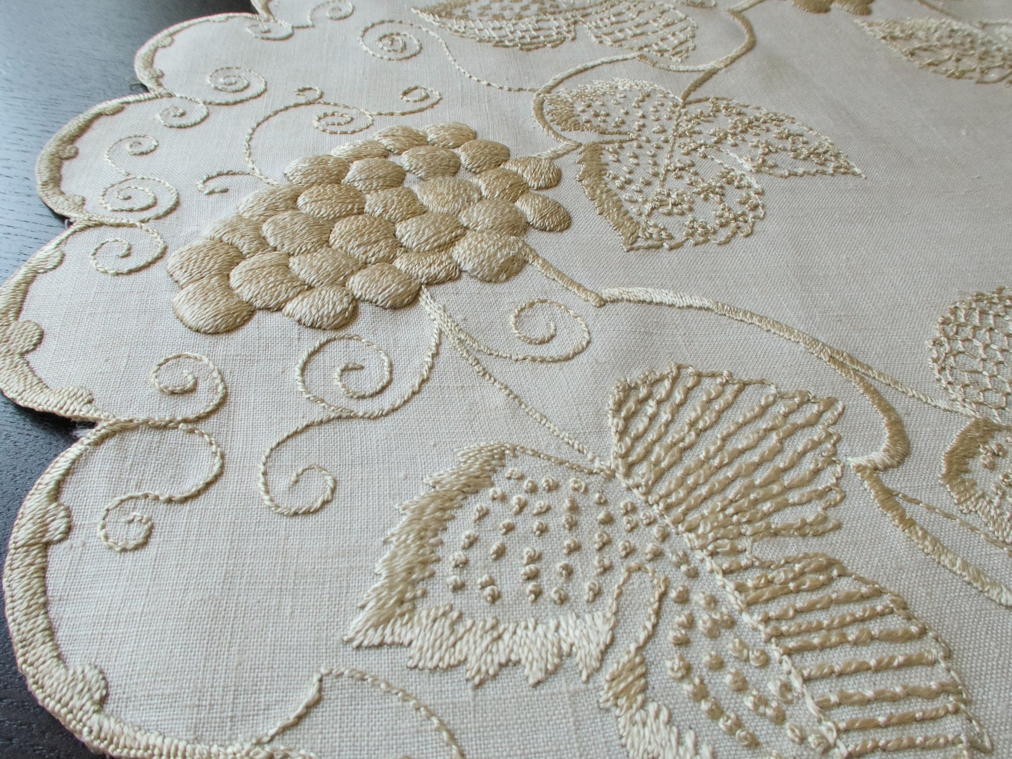 Grapes Vintage Densely Embroidered Centerpiece Topper 21"