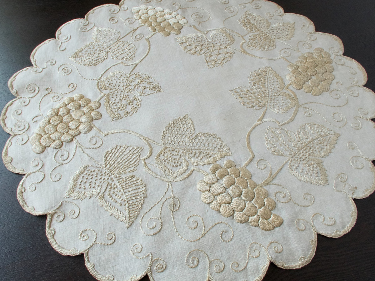 Grapes Vintage Densely Embroidered Centerpiece Topper 21&quot;