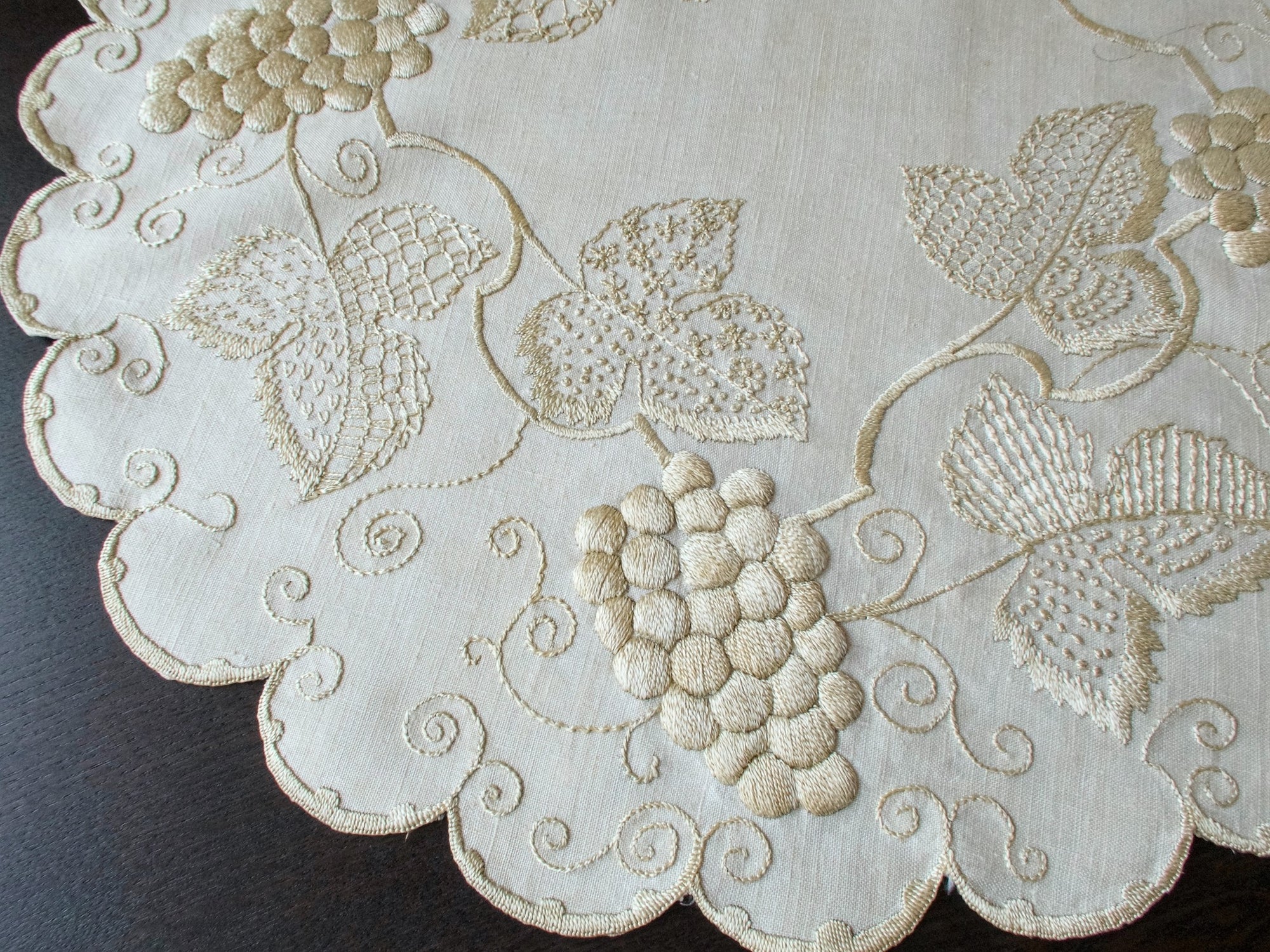 Grapes Vintage Densely Embroidered Centerpiece Topper 21"