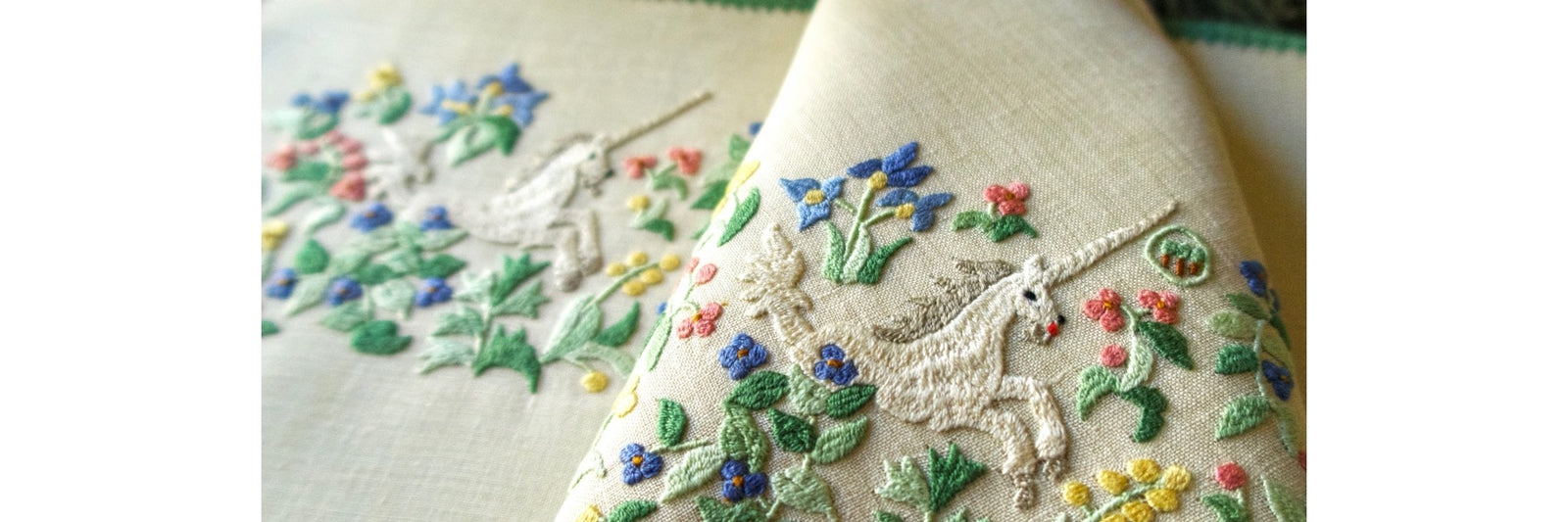 Vintage Rapisardi hand embroidered linen with unicorn and floral designs