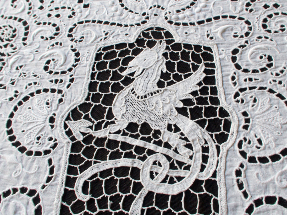 Dragons Italian Lace &amp; Linen Vintage Round Tablecloth 54&quot;