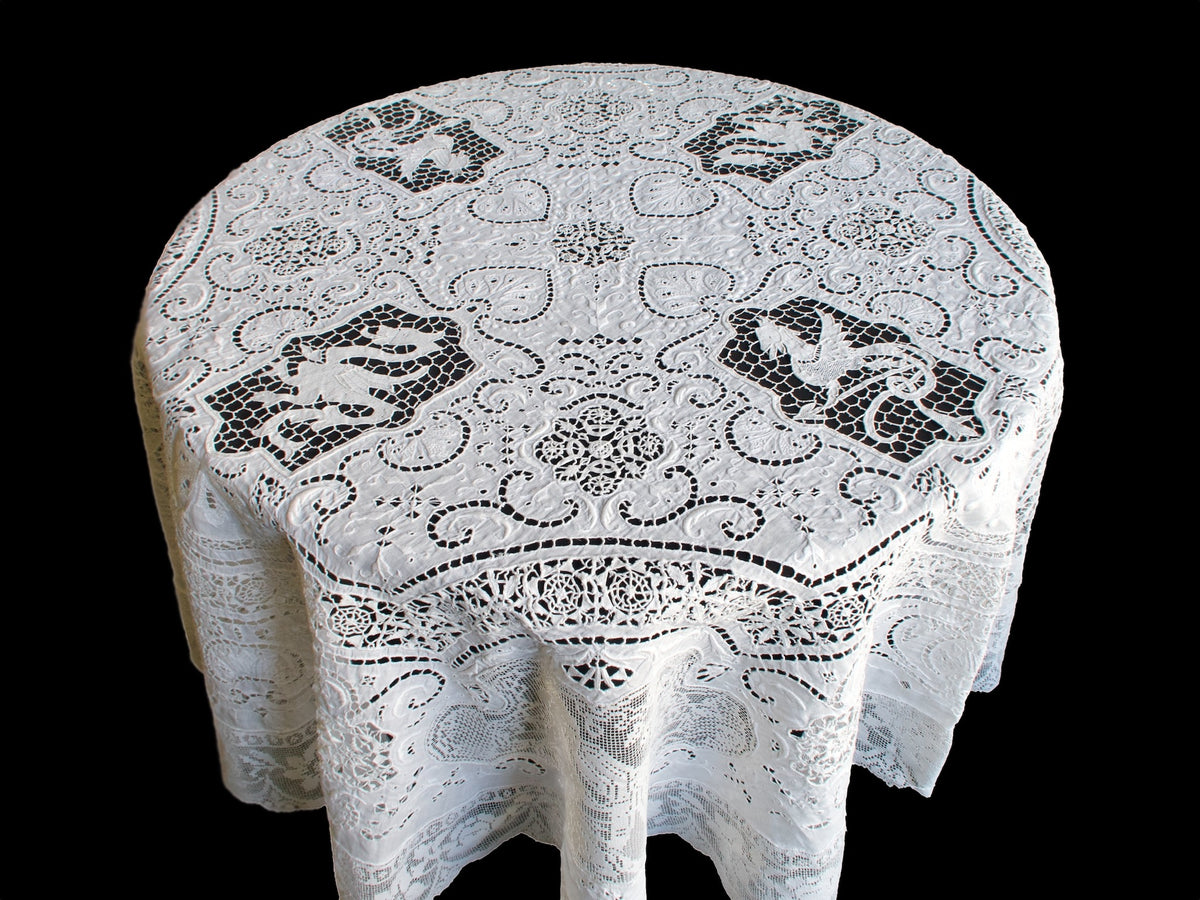 Dragons Italian Lace &amp; Linen Vintage Round Tablecloth 54&quot;