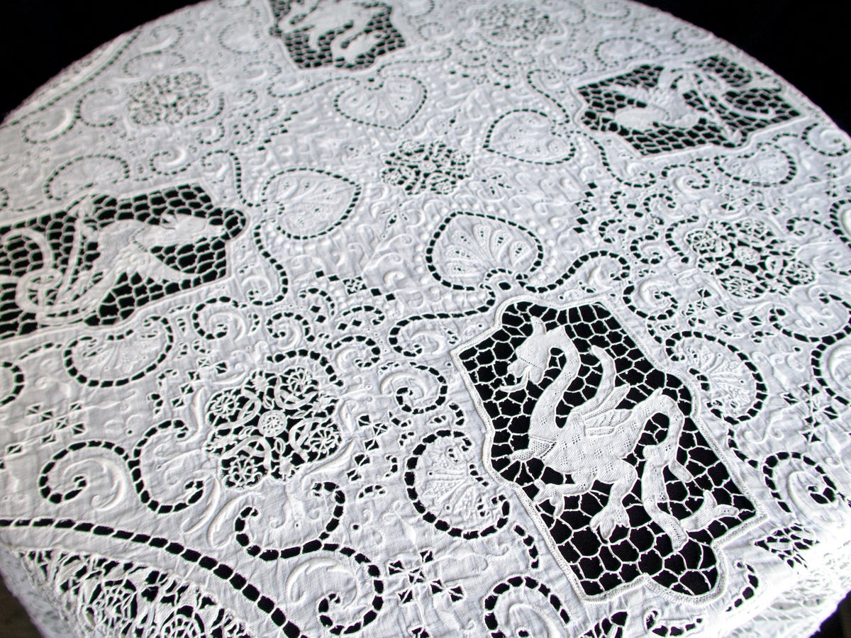 Dragons Italian Lace &amp; Linen Vintage Round Tablecloth 54&quot;