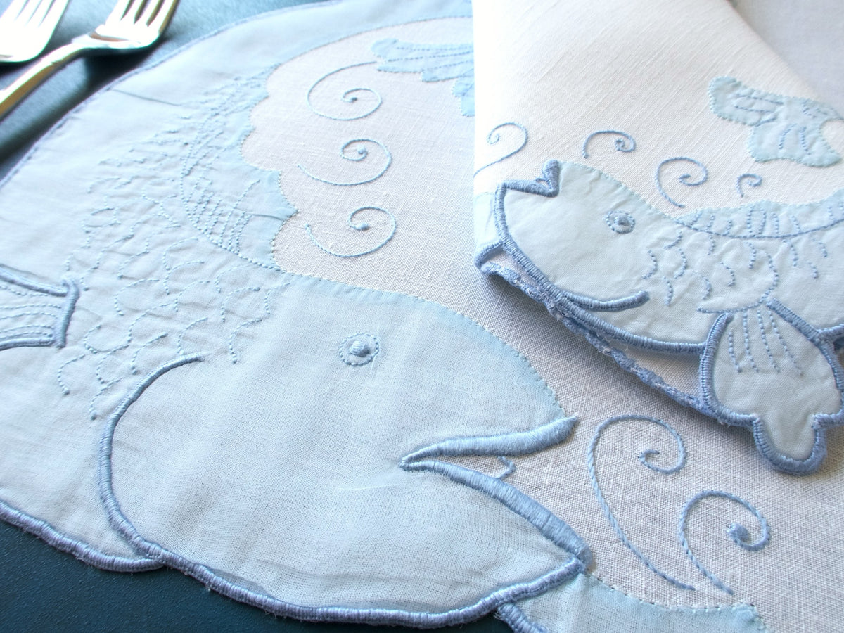 Sculpted Fish Vintage Madeira Linen 24pc Placemat Set for 12
