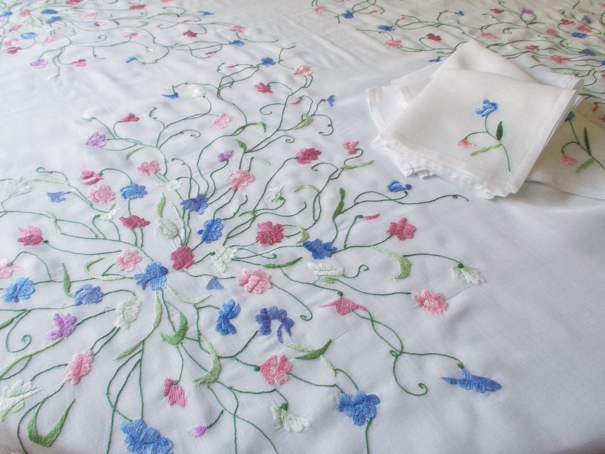Vintage Colorful Voile Tea Size Square Tablecloth 56&quot; &amp; 8 Napkins