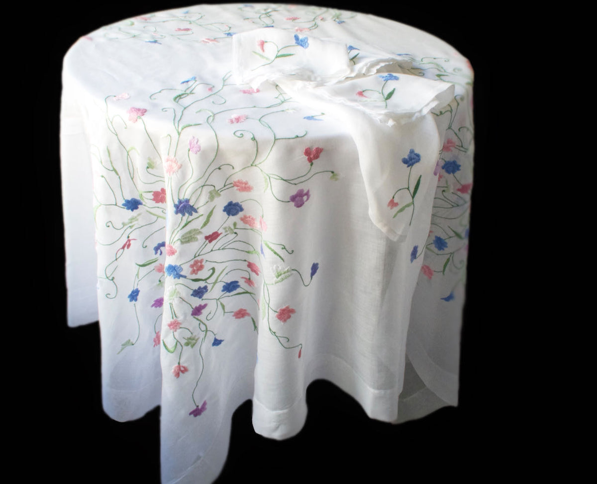 Vintage Colorful Voile Tea Size Square Tablecloth 56&quot; &amp; 8 Napkins