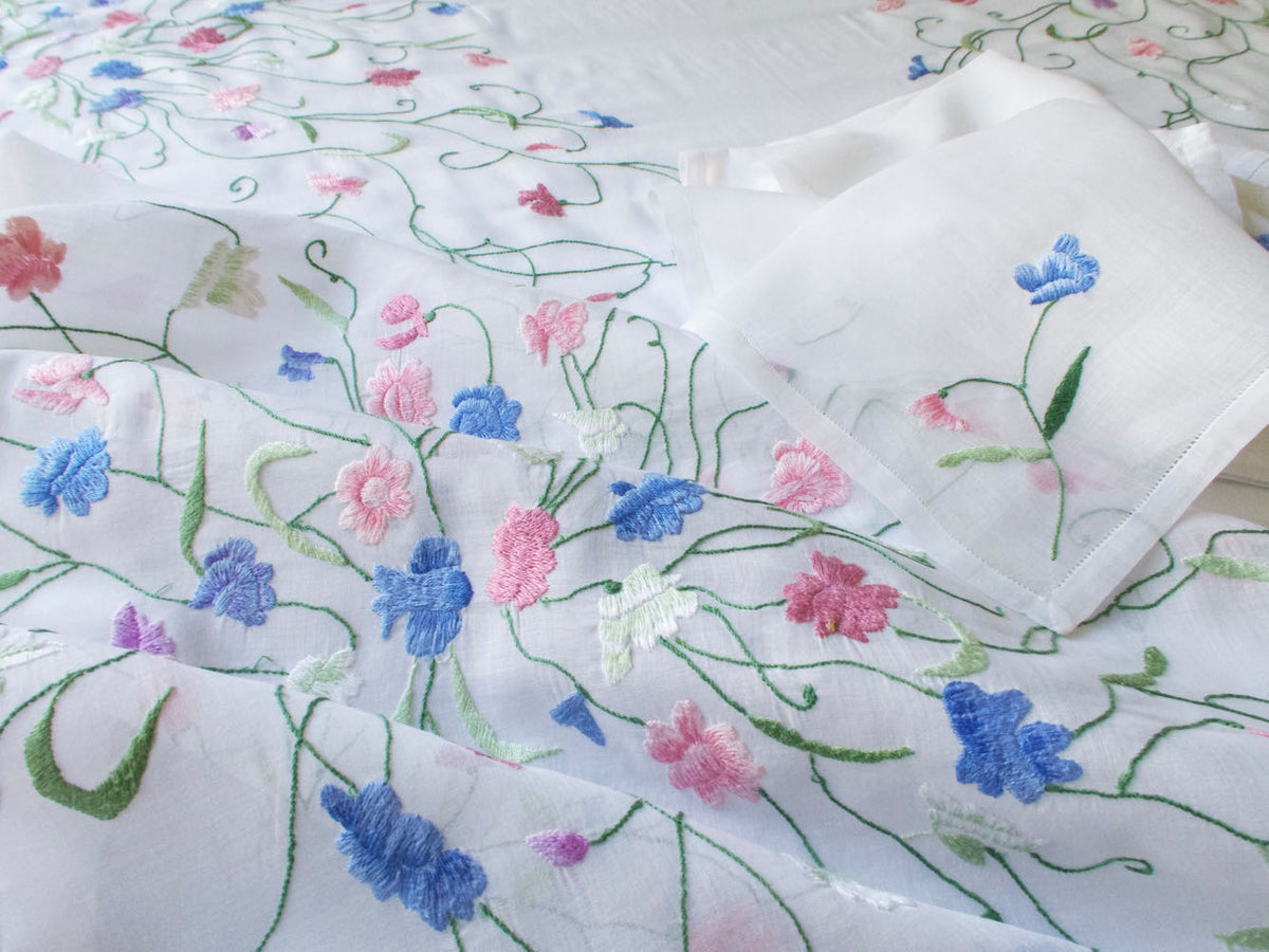 Vintage Colorful Voile Tea Size Square Tablecloth 56&quot; &amp; 8 Napkins