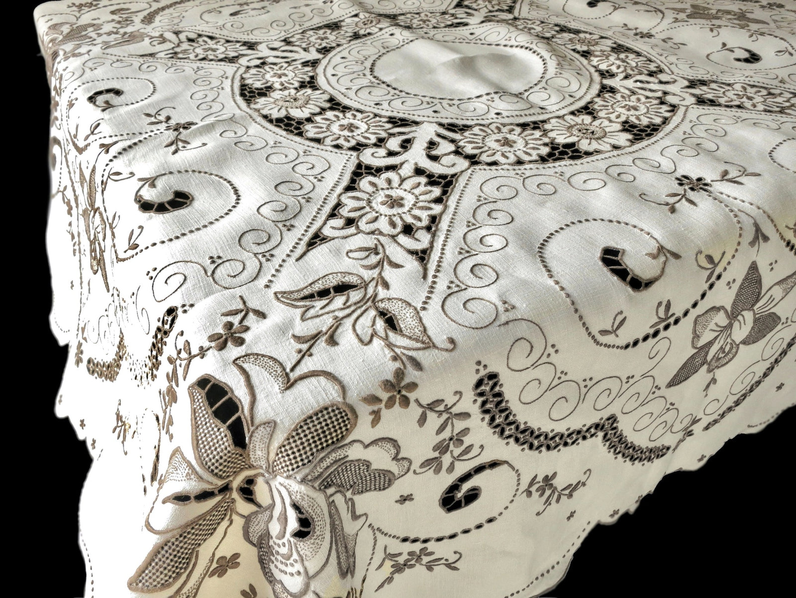 Dense Flowers Vintage Madeira Hand Embroidered 50" Square Tablecloth