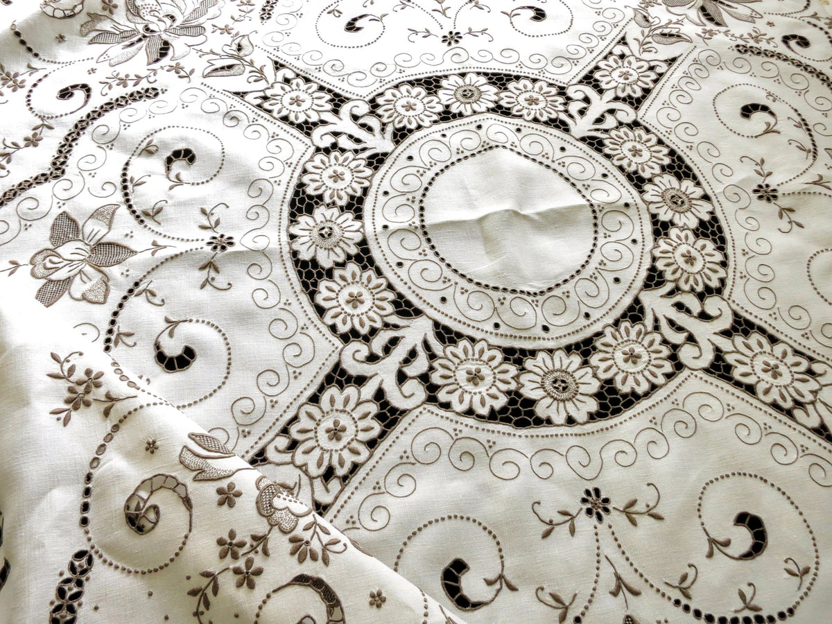 Dense Flowers Vintage Madeira Hand Embroidered 50&quot; Square Tablecloth