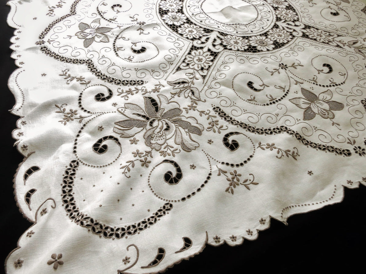 Dense Flowers Vintage Madeira Hand Embroidered 50&quot; Square Tablecloth