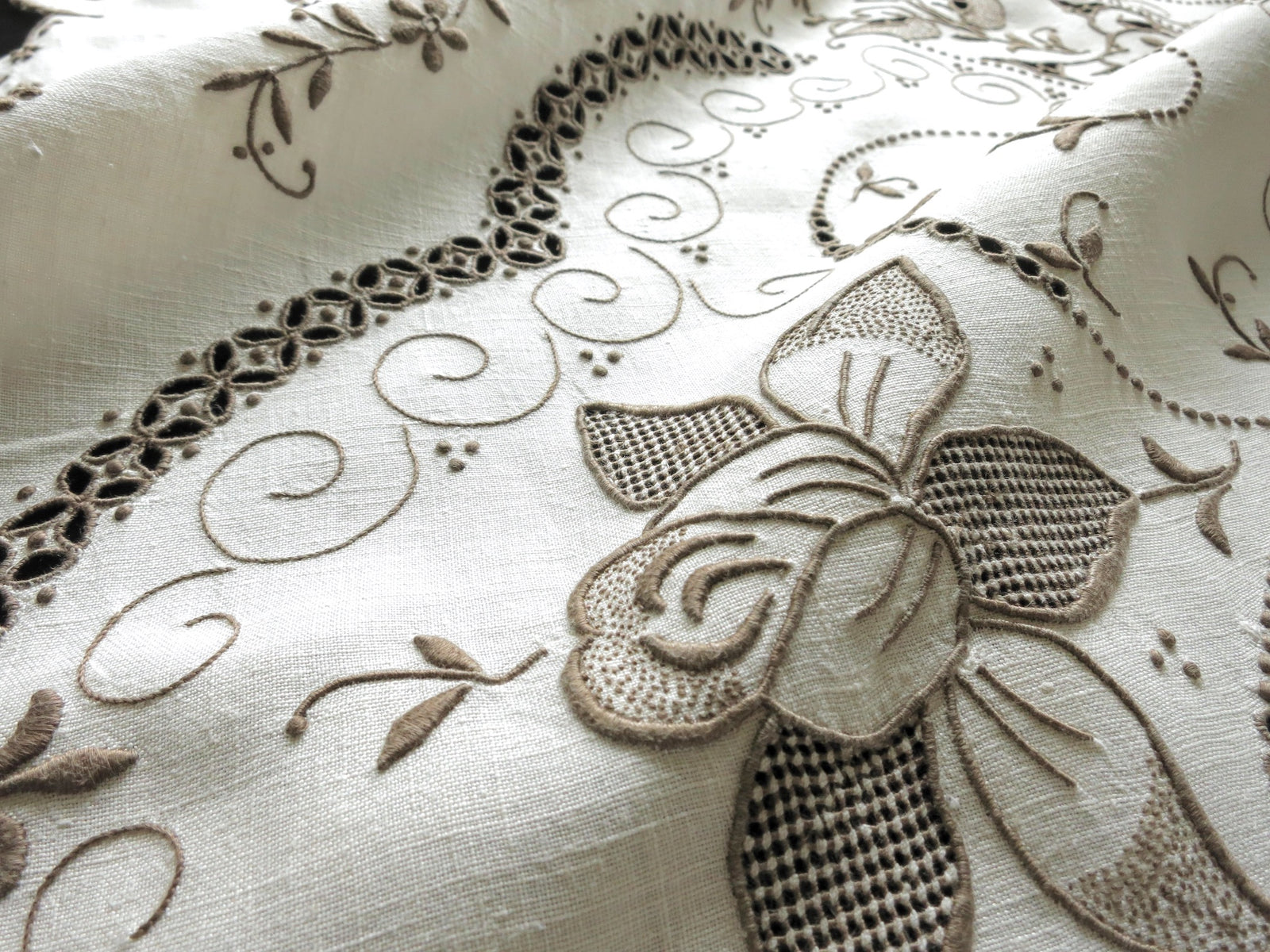 Dense Flowers Vintage Madeira Hand Embroidered 50" Square Tablecloth