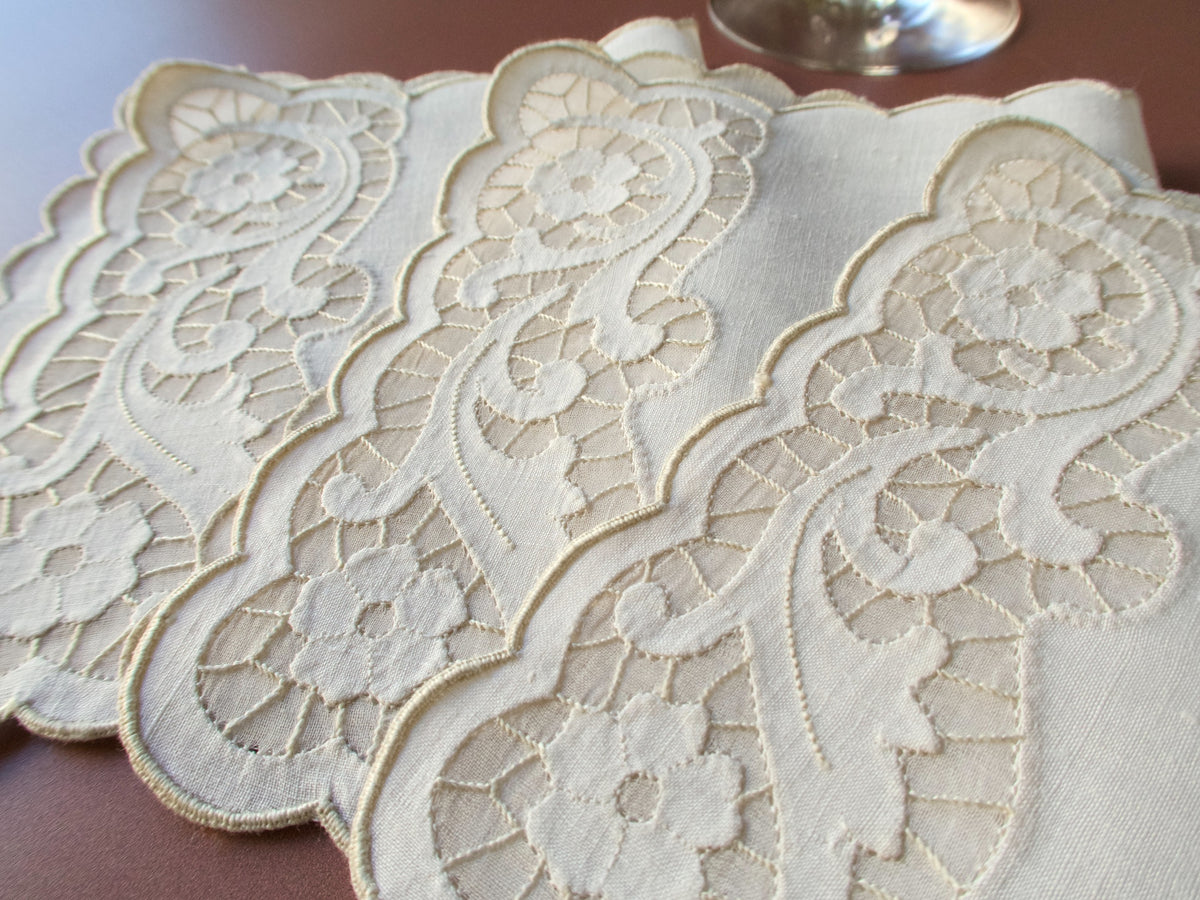 Elegant Vintage Madeira Linen Cocktail Napkins, Set of 6