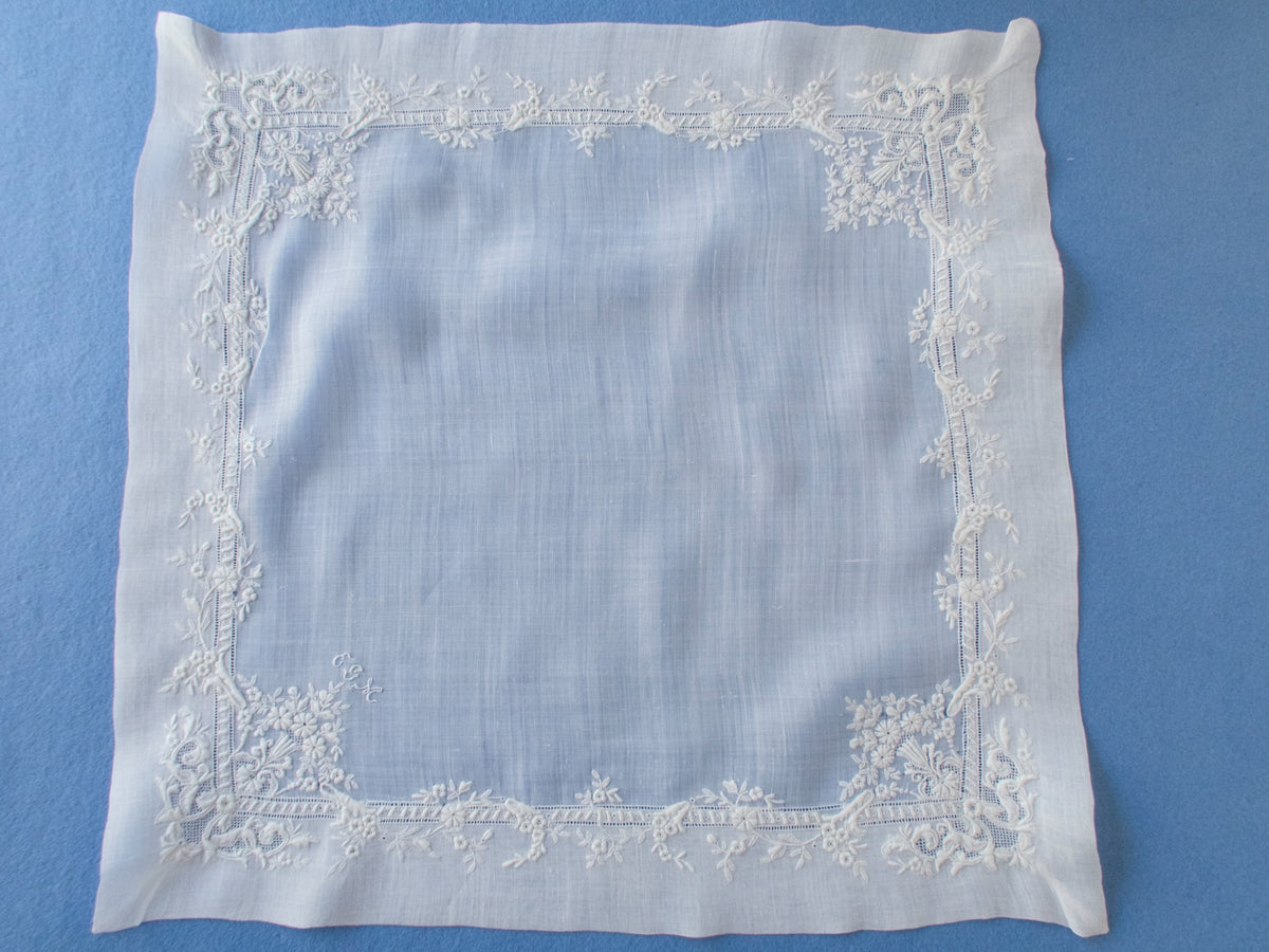 Antique French Whitework French Handkerchief 13&quot;