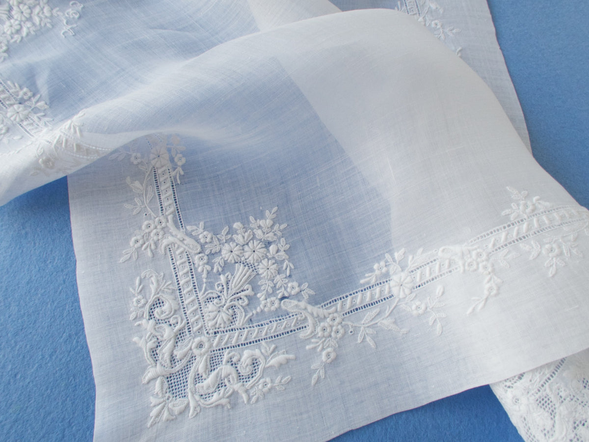 Antique French Whitework French Handkerchief 13&quot;