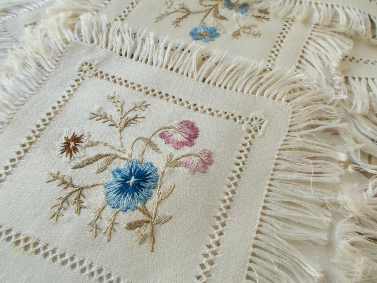Flowers &amp; Fringe Vintage Embroidered Cocktail Napkins, Set of 12