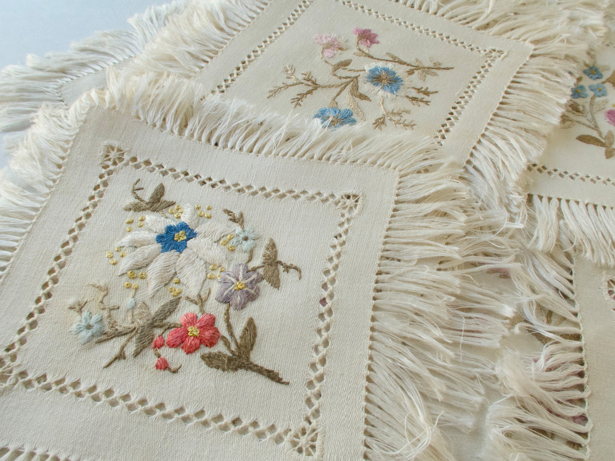 Flowers &amp; Fringe Vintage Embroidered Cocktail Napkins, Set of 12
