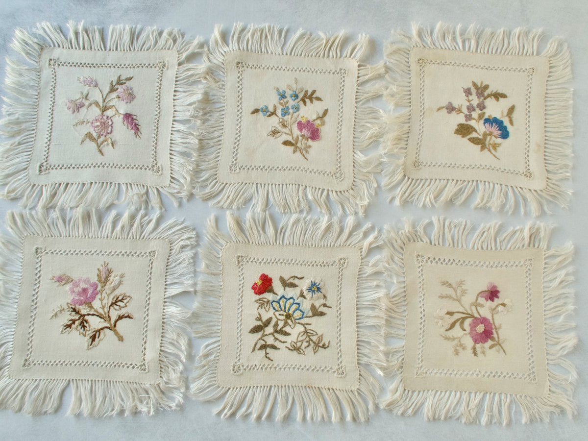 Flowers &amp; Fringe Vintage Embroidered Cocktail Napkins, Set of 12
