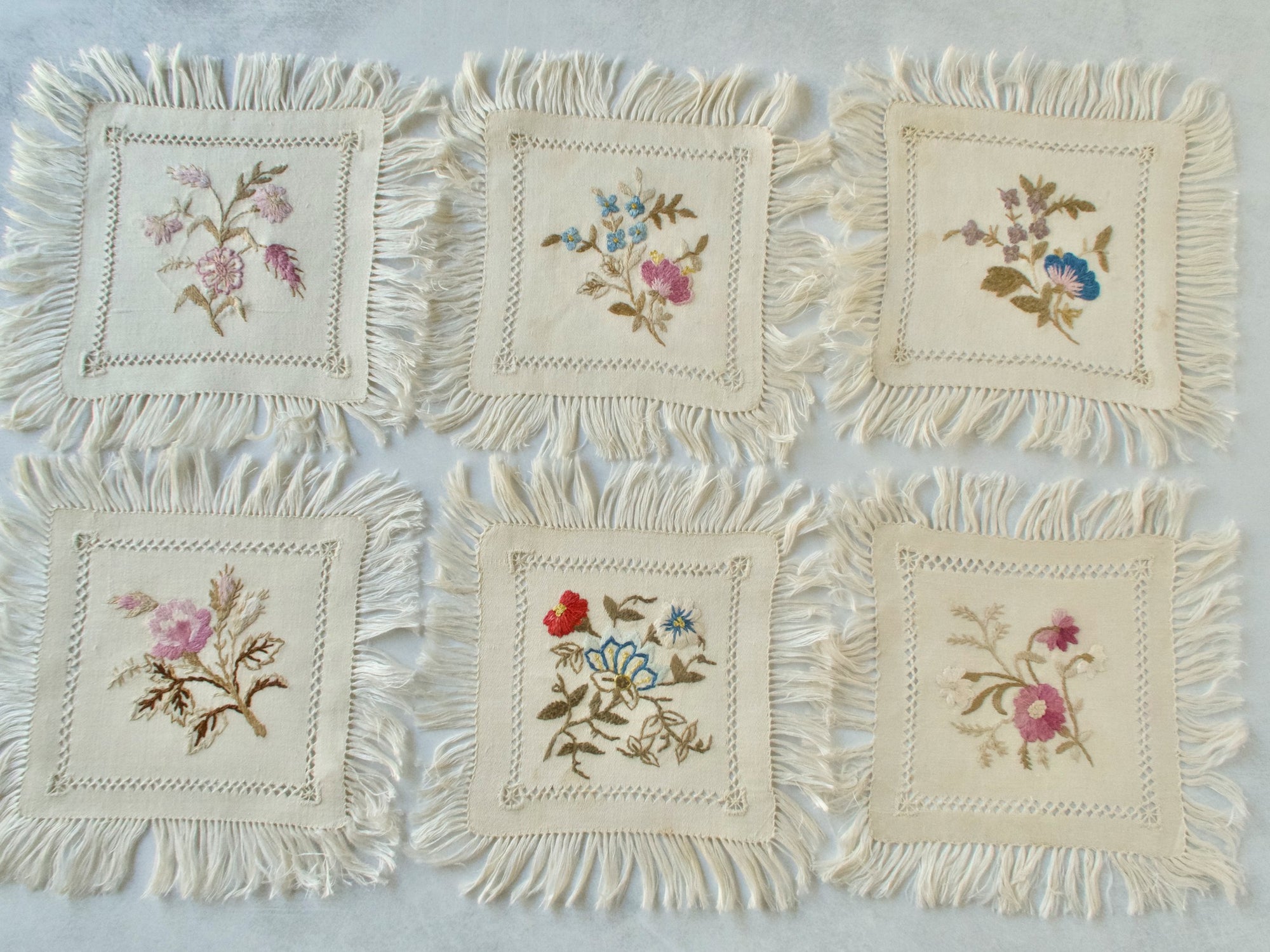 Flowers & Fringe Vintage Embroidered Cocktail Napkins, Set of 12