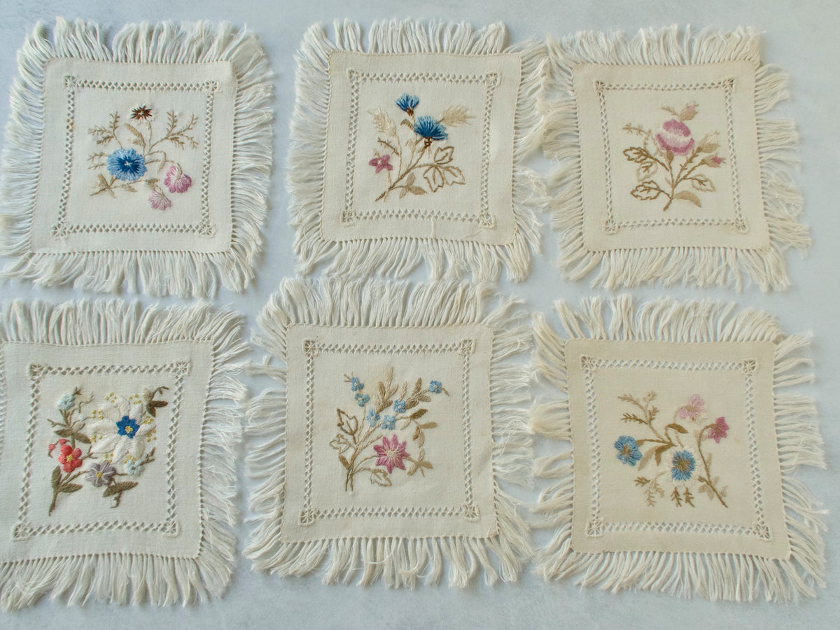 Flowers &amp; Fringe Vintage Embroidered Cocktail Napkins, Set of 12