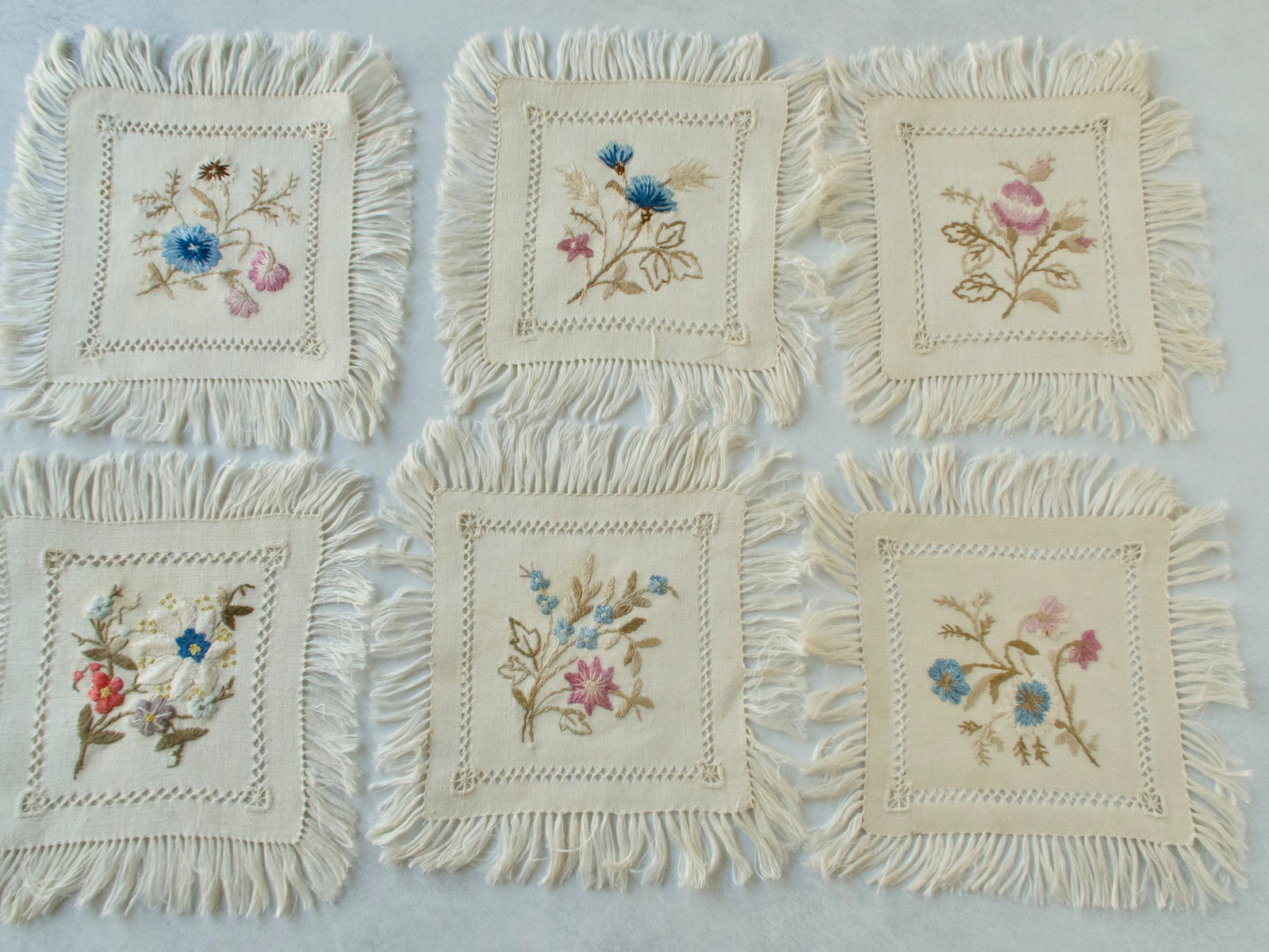 Flowers & Fringe Vintage Embroidered Cocktail Napkins, Set of 12