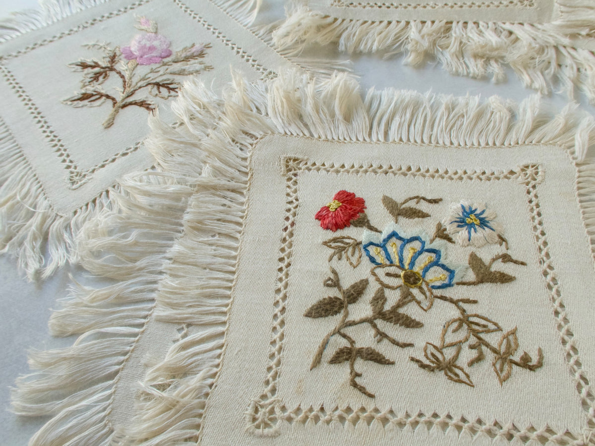 Flowers &amp; Fringe Vintage Embroidered Cocktail Napkins, Set of 12